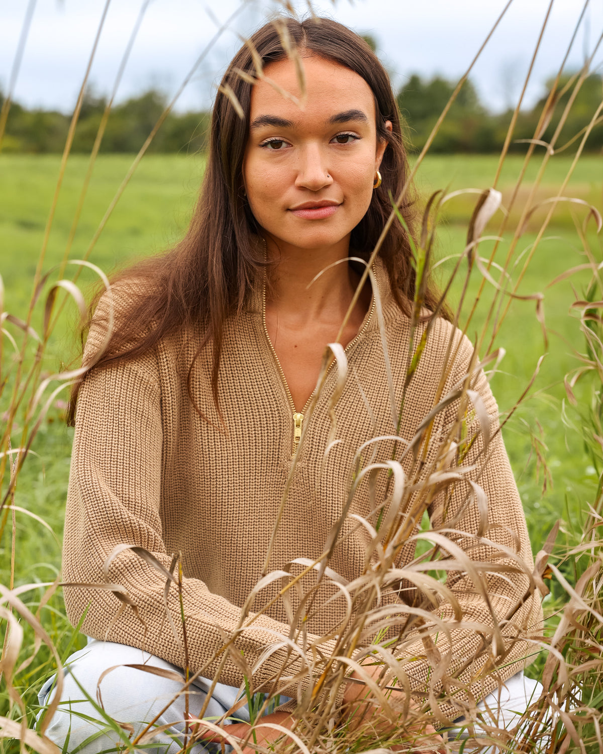 Made in Canada 100% Cotton Knit Half Zip Sweater Taupe Camel Beige - Unisex - Province of Canada