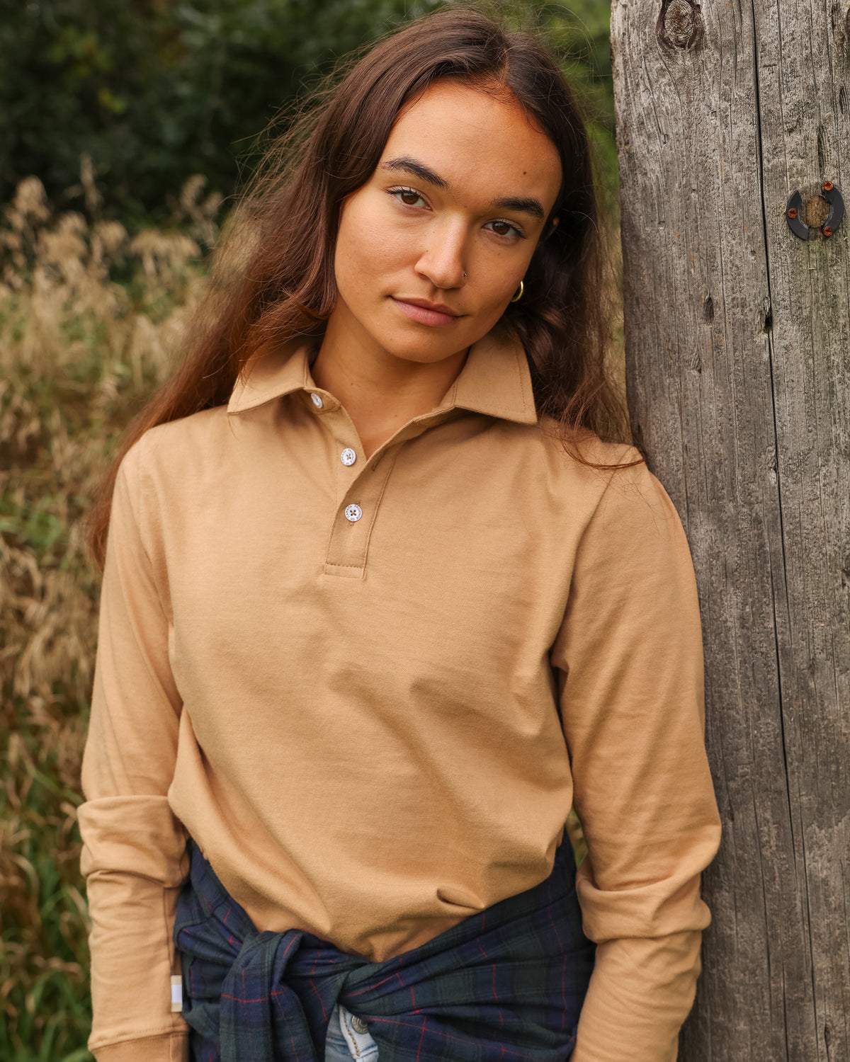 Made in Canada 100% Organic Cotton Sunday Polo Long Sleeve Shirt Camel - Unisex Province of Canada