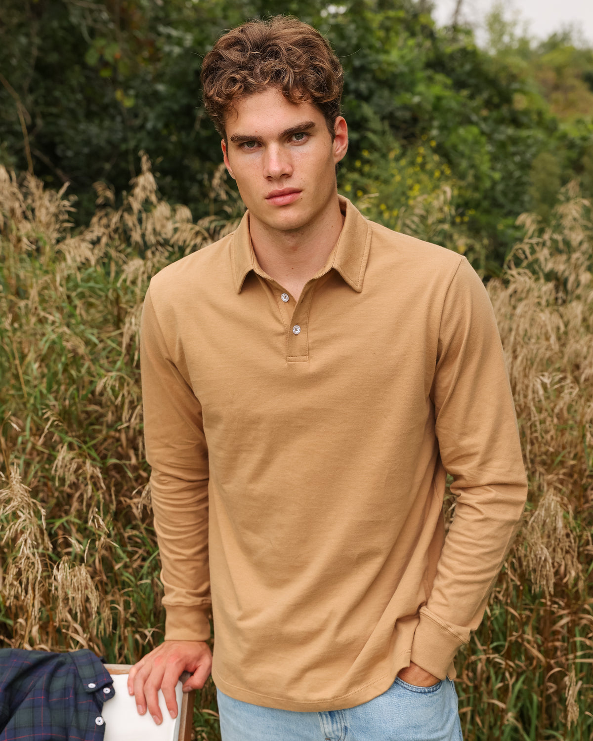 Made in Canada 100% Organic Cotton Sunday Polo Long Sleeve Shirt Camel - Unisex Province of Canada