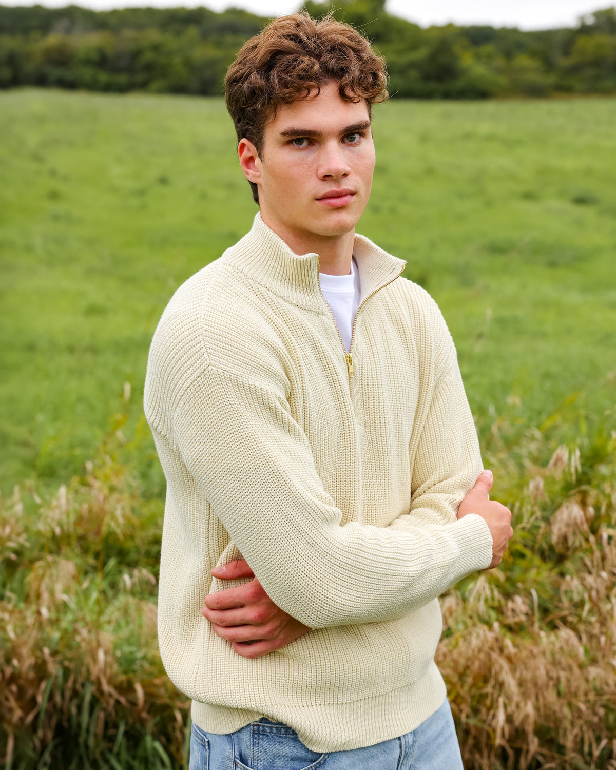 Made in Canada 100% Cotton Knit Half Zip Sweater Cream - Unisex - Province of Canada