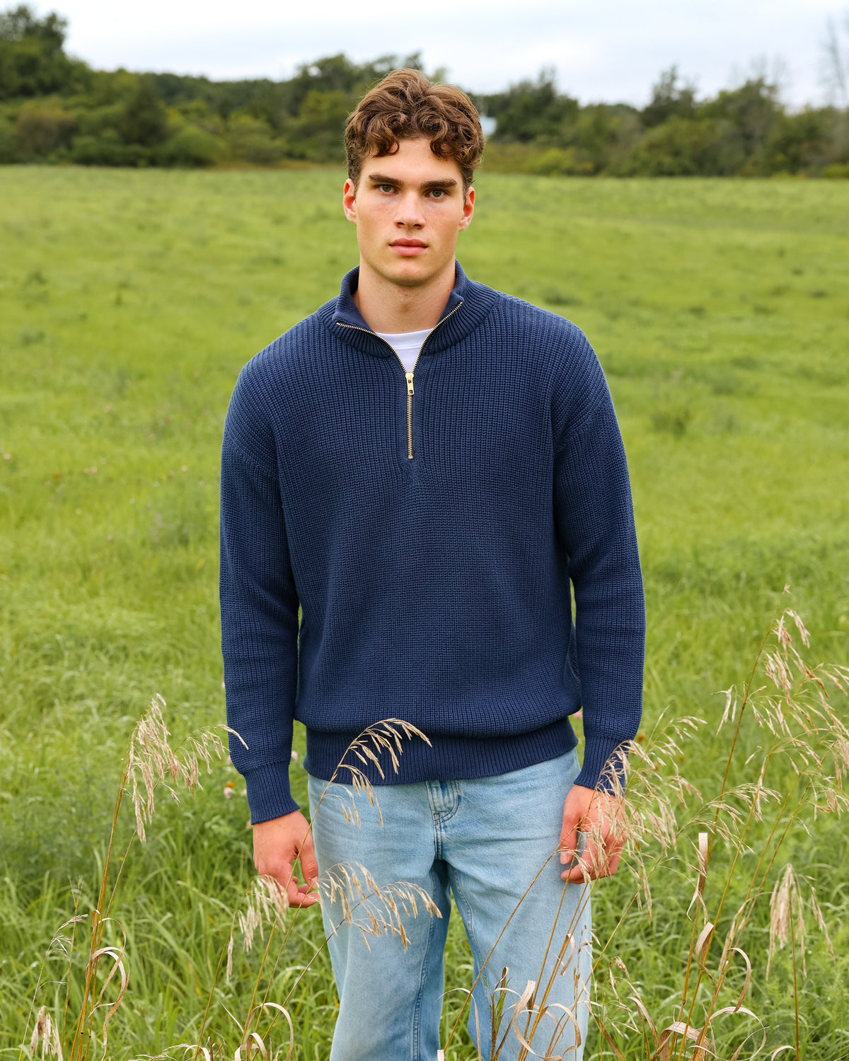 Made in Canada 100% Cotton Knit Half Zip Sweater Marine - Unisex - Province of Canada