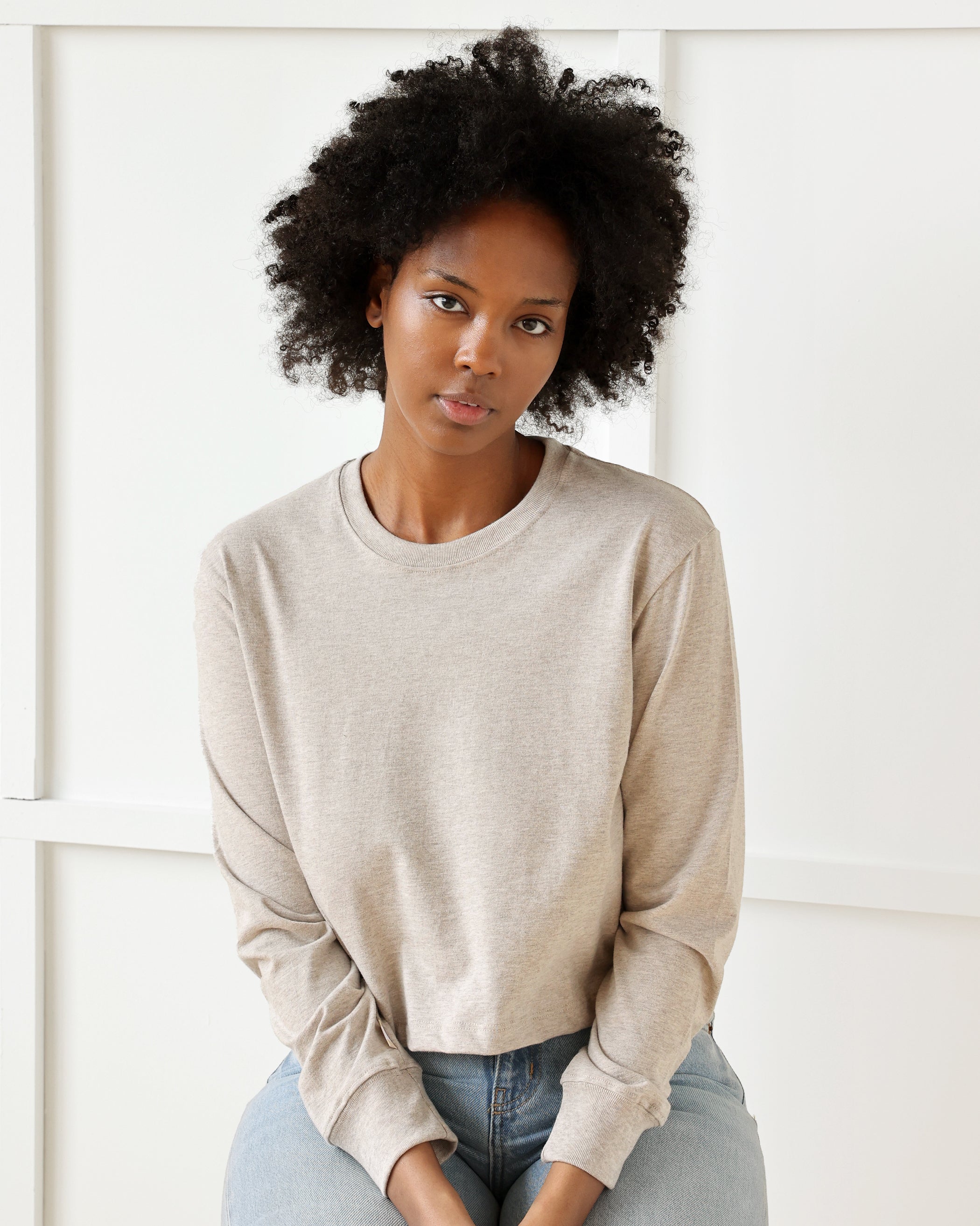 100% Cotton Made in Canada Monday Long Sleeve Crop Top Oatmeal - Province of Canada