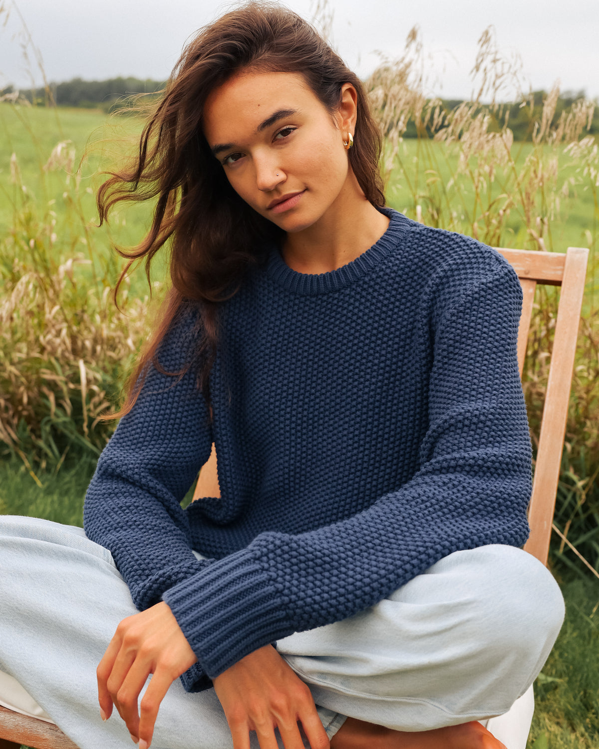 Made in Canada 100% Cotton Cotton Knit Seed Stitch Sweater Marine Navy Blue - Unisex - Province of Canada