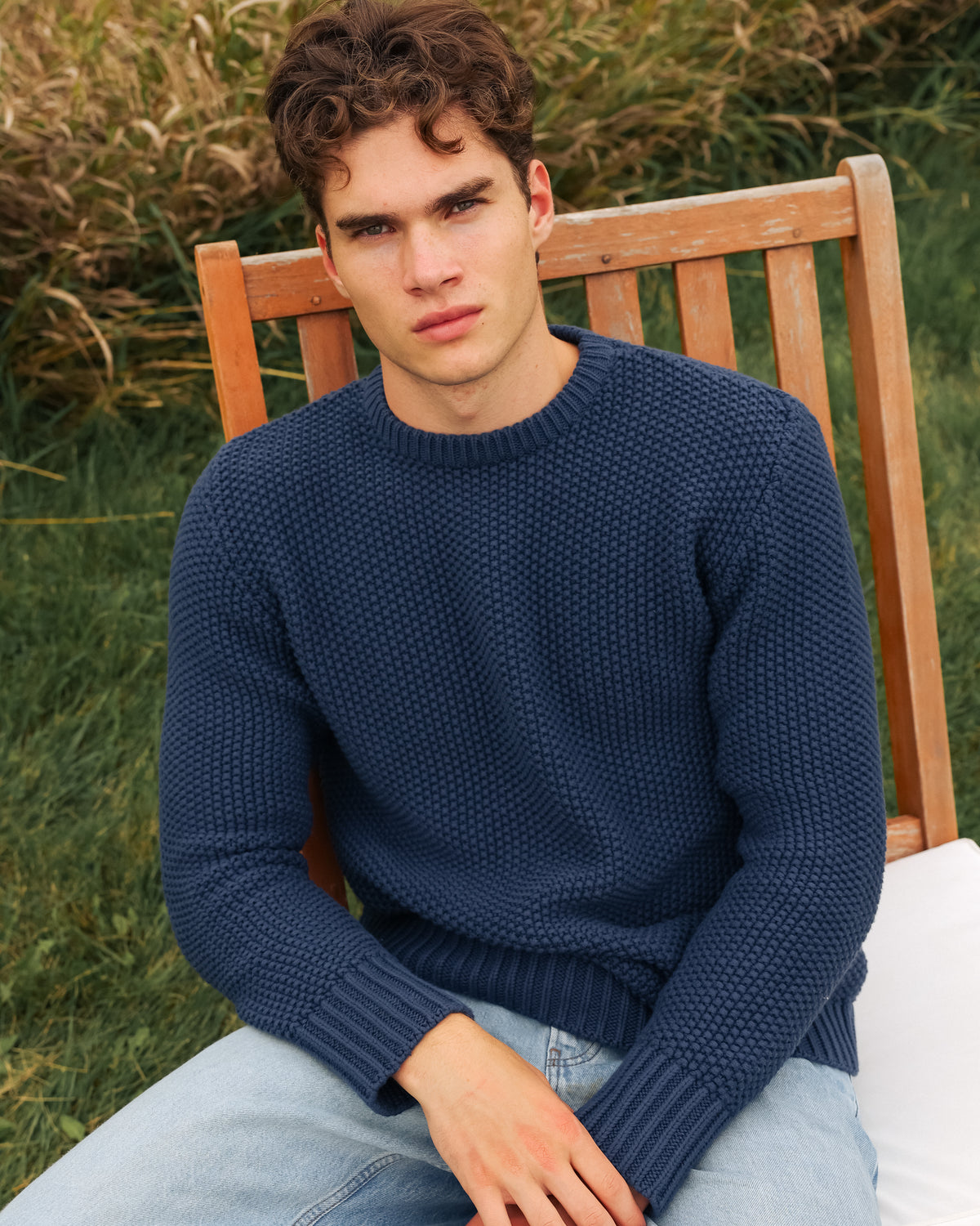 Made in Canada 100% Cotton Cotton Knit Seed Stitch Sweater Marine Navy Blue - Unisex - Province of Canada