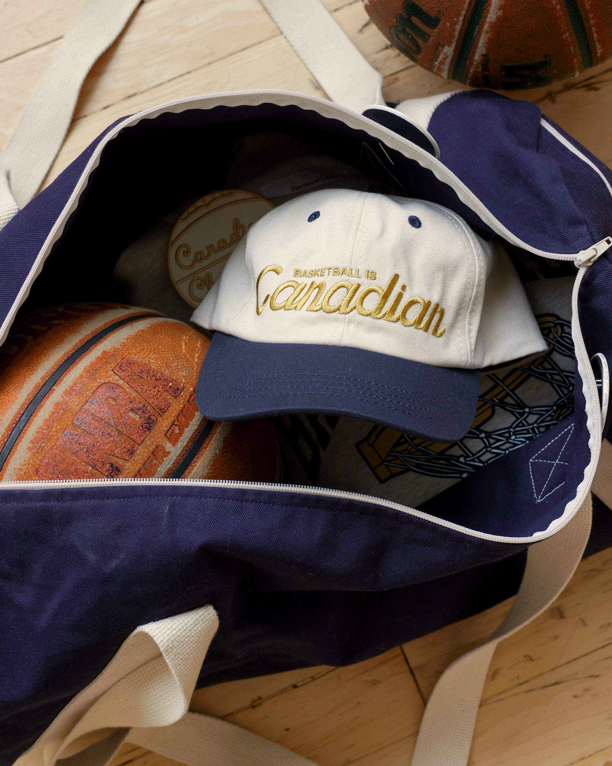 Made in Canada 100% Cotton Basketball is Canadian Hat Navy and Natural - Province of Canada