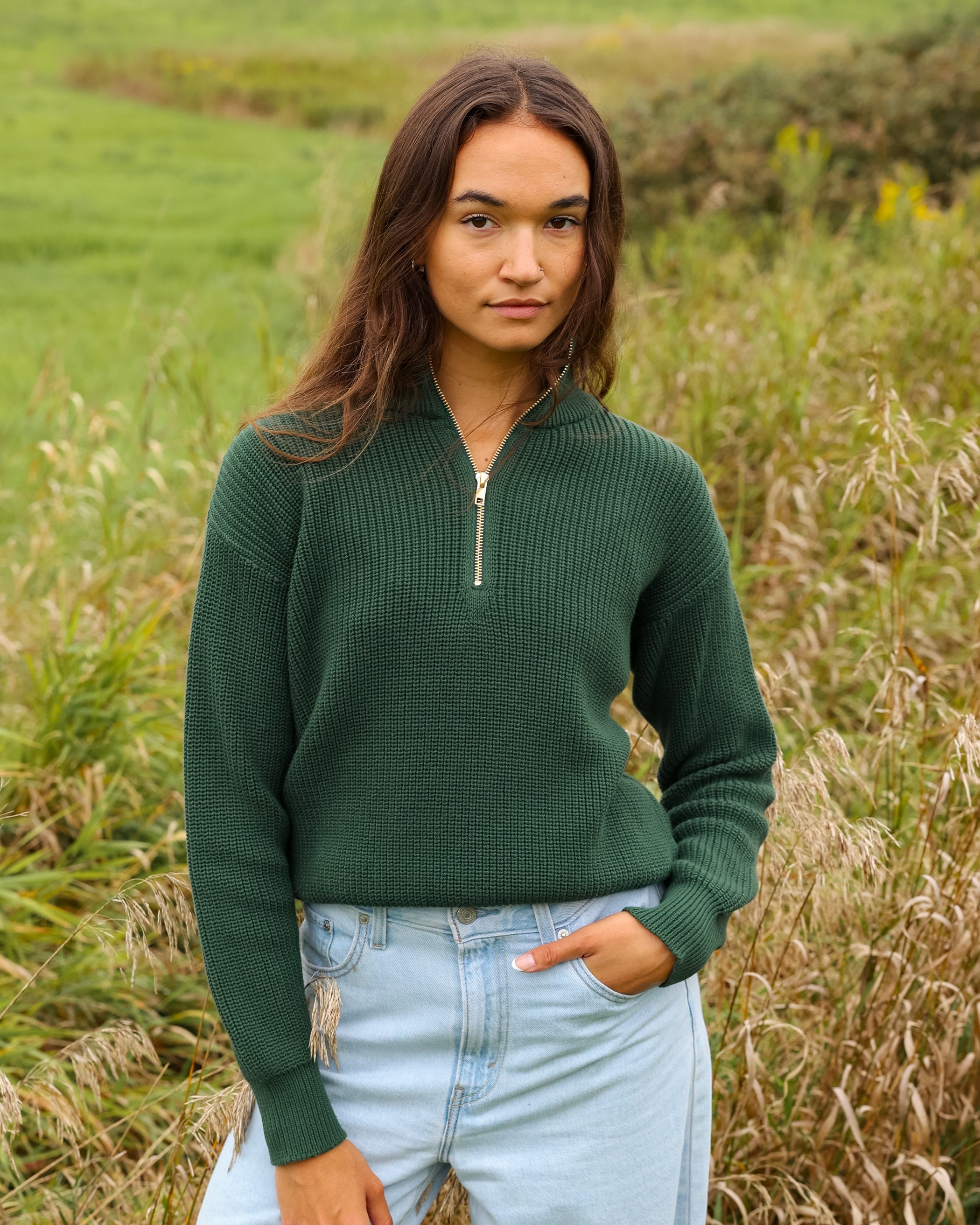 Made in Canada 100% Cotton Knit Half Zip Sweater Forest - Unisex - Province of Canada