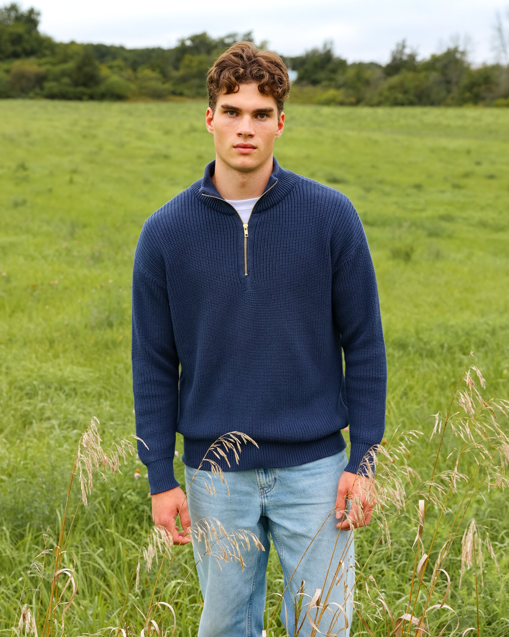 Made in Canada 100% Cotton Knit Half Zip Sweater Marine - Unisex - Province of Canada