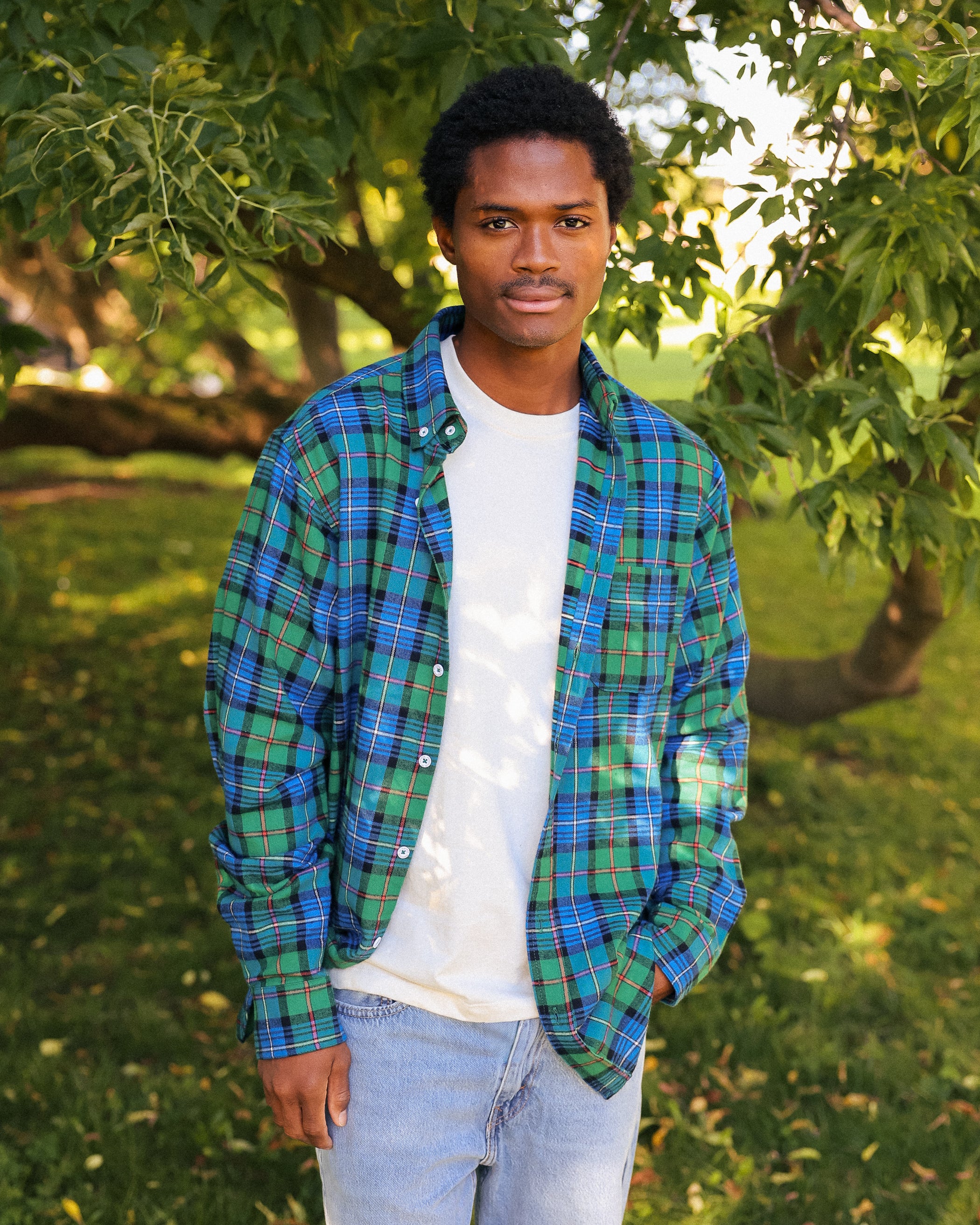 Made in Canada 100% Cotton Evergreen Red Plaid Flannel Shirt Blue Green - Unisex - Province of Canada