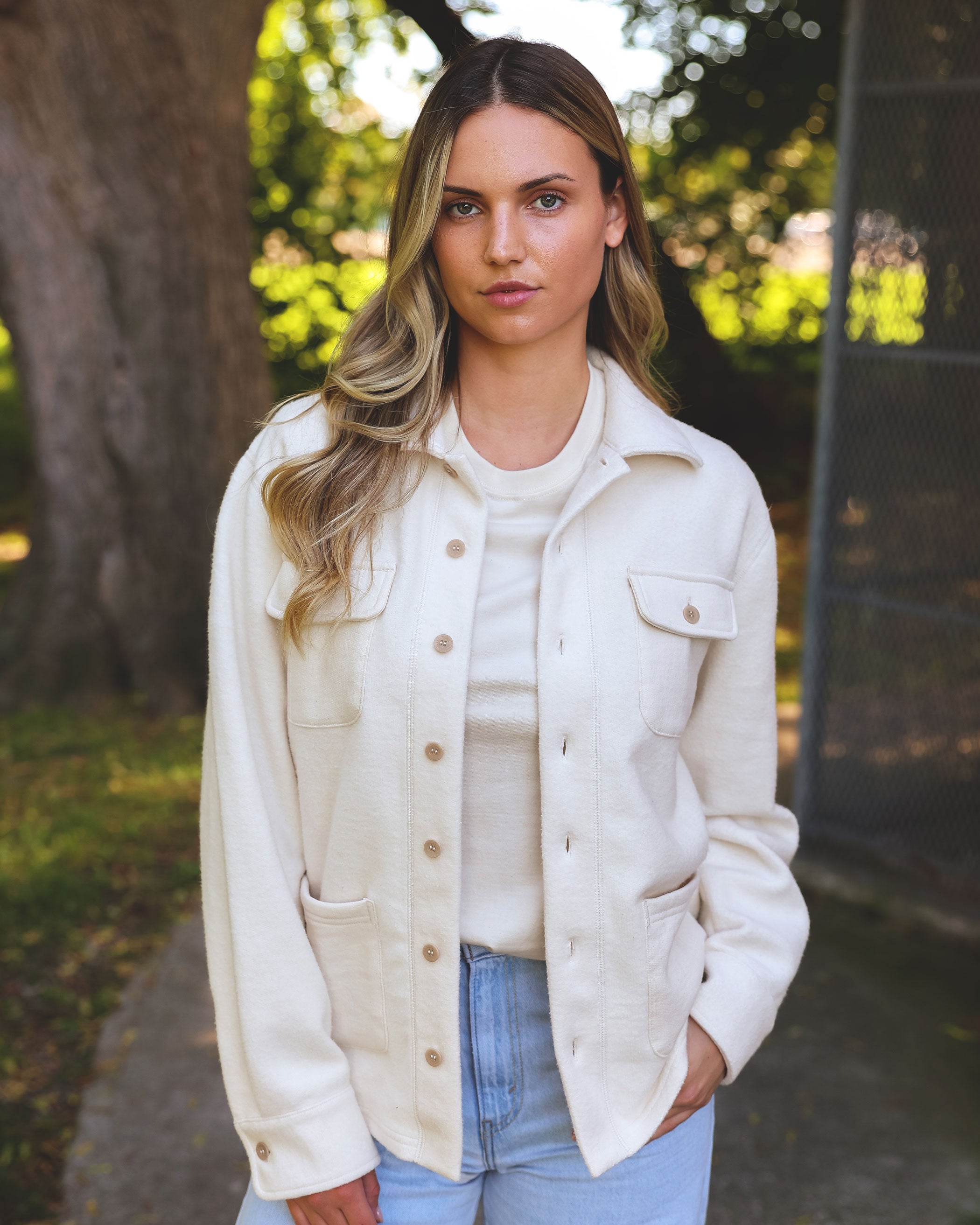 Made in Canada 100% Cotton Reverse Fleece Overshirt Light-Jacket Cream - Unisex - Province of Canada