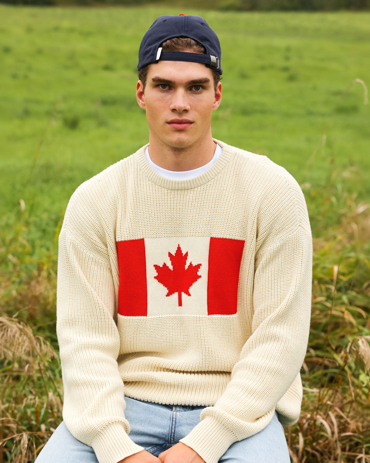 Made Knit in Canada 100% Cotton Canada Flag Cotton Knit Sweater Cream - Unisex - Province of Canada