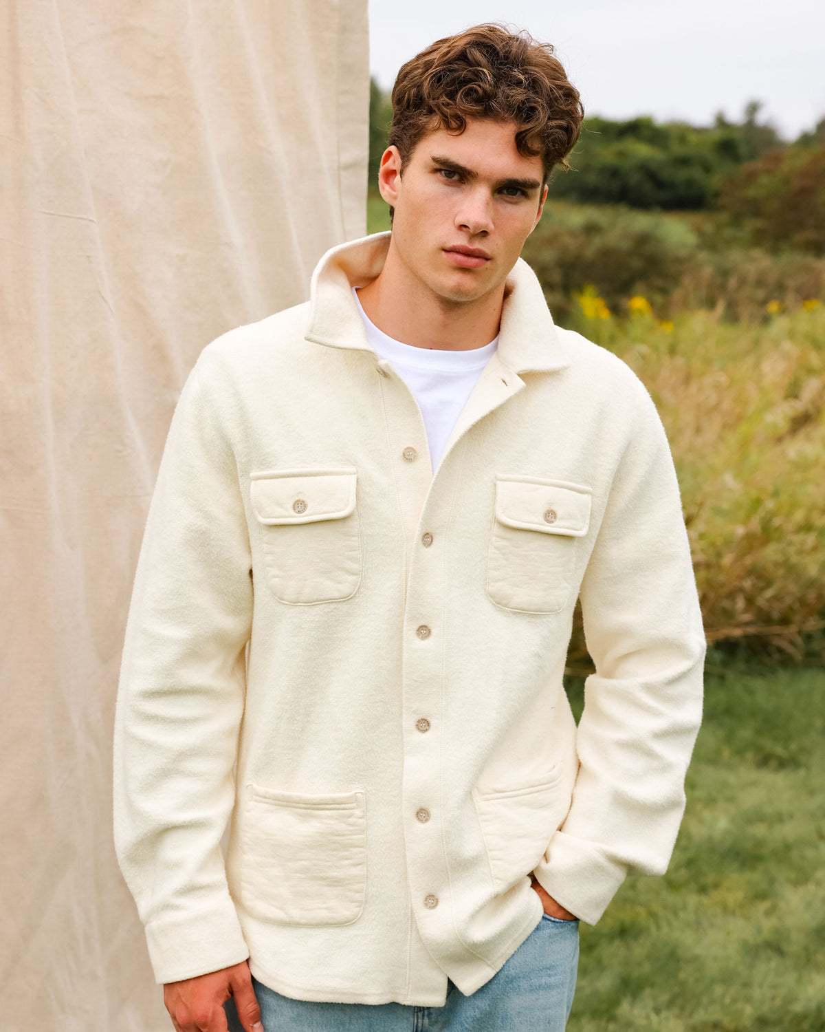 Made in Canada 100% Cotton Reverse Fleece Overshirt Light-Jacket Cream - Unisex - Province of Canada