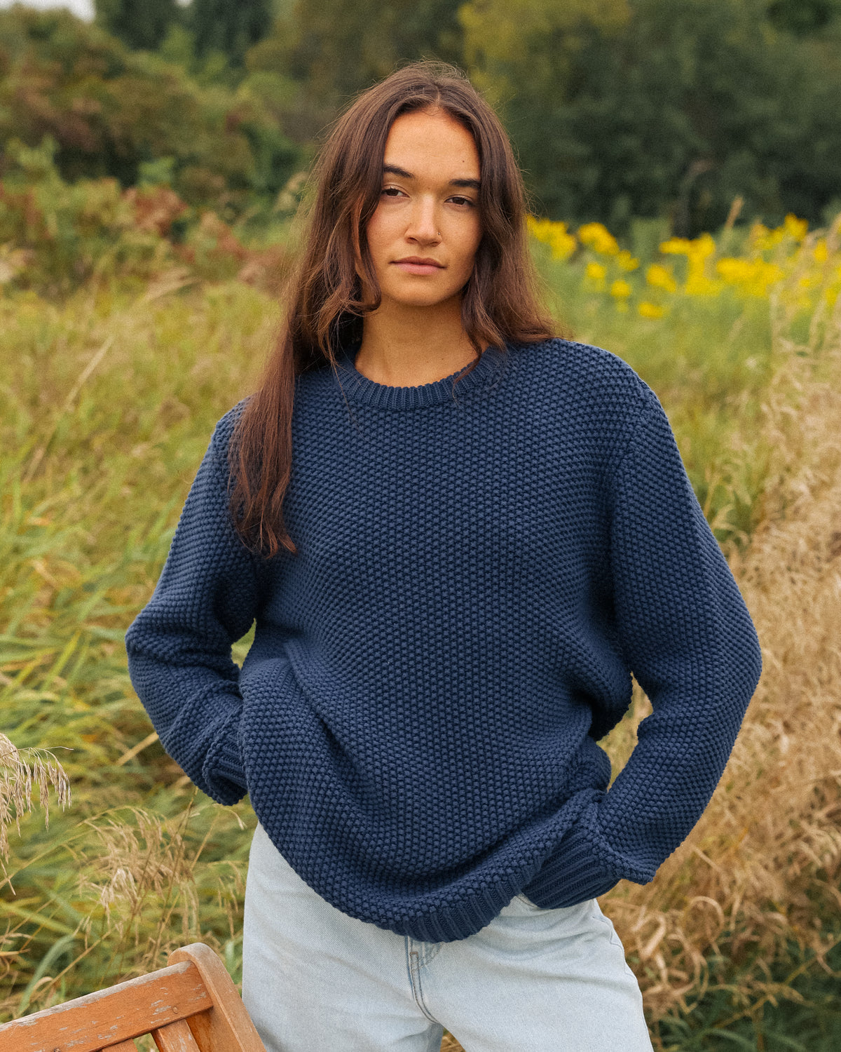Made in Canada 100% Cotton Cotton Knit Seed Stitch Sweater Marine Navy Blue - Unisex - Province of Canada