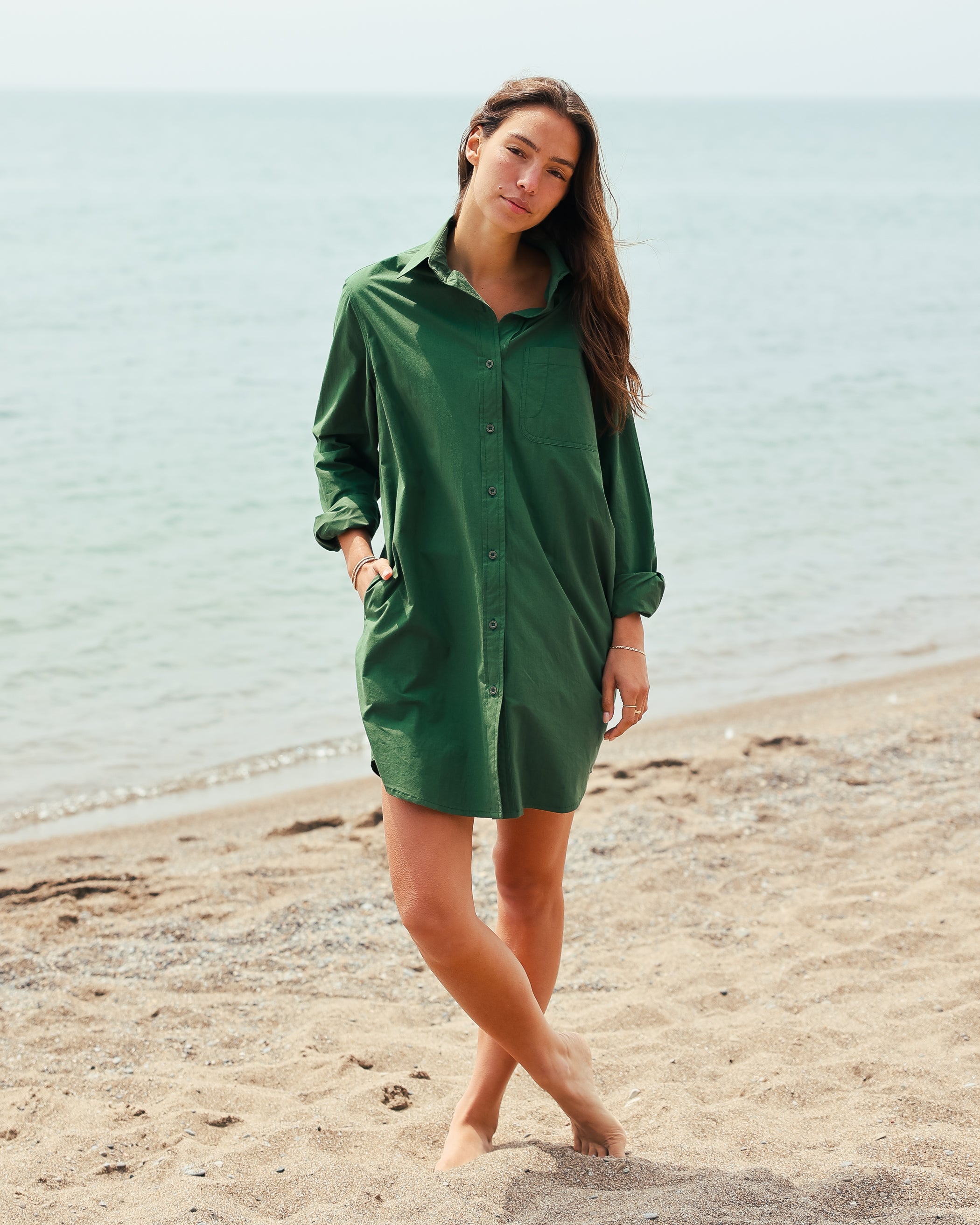 Made in Canada 100% Cotton Washed Poplin Dress Forest Green - Province of Canada