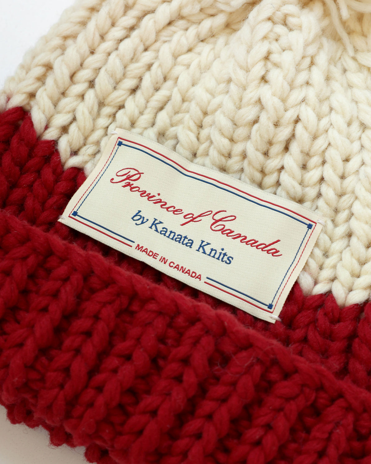 Made in Canada 100% Wool Hand Knit Toque Cream and Red - Province of Canada